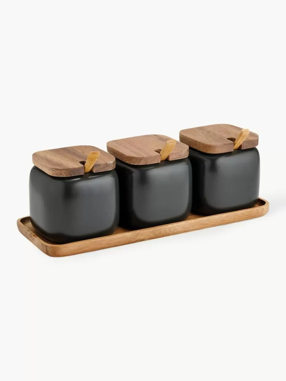 Küchenaufbewahrung-Ladelle Aufbewahrungsdosen Essentials mit Serviertablett, 4er-Set Schwarz, Dunkles Holz