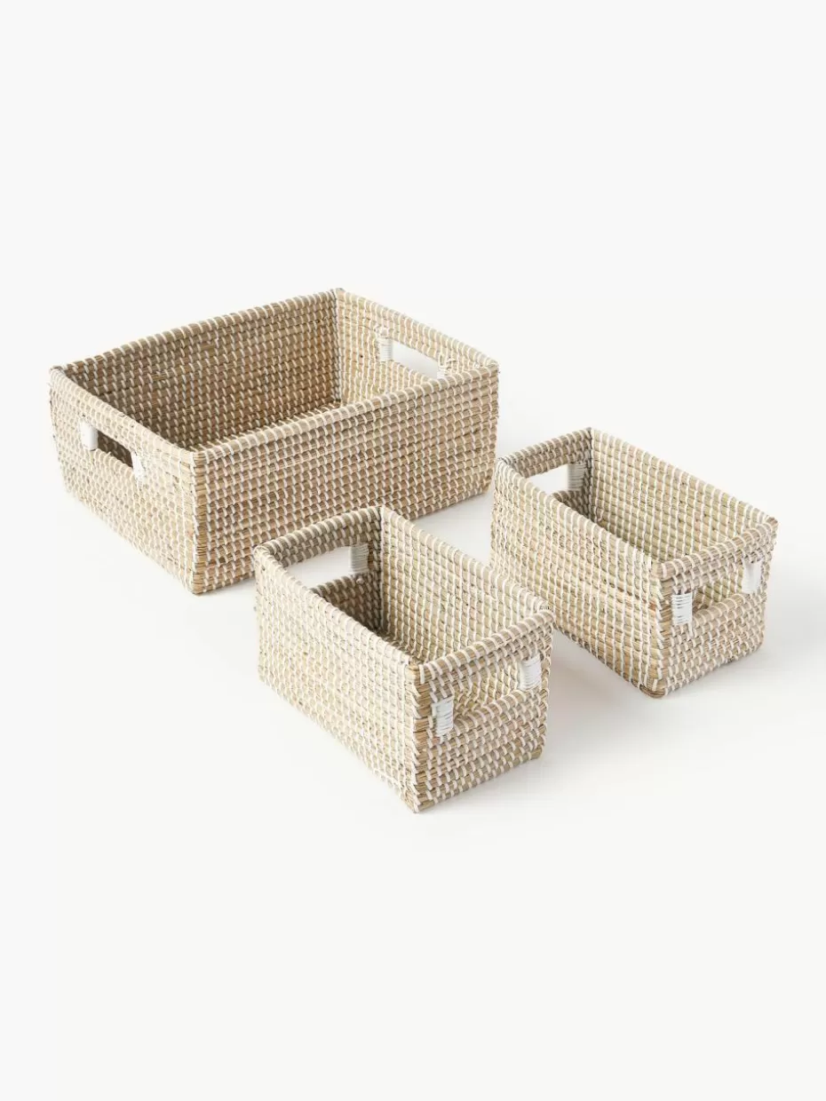 Dosen & Schmuckkästchen-Westwing Collection Aufbewahrungskörbe Aleya aus Seegras, 3er-Set Beige, Weiß
