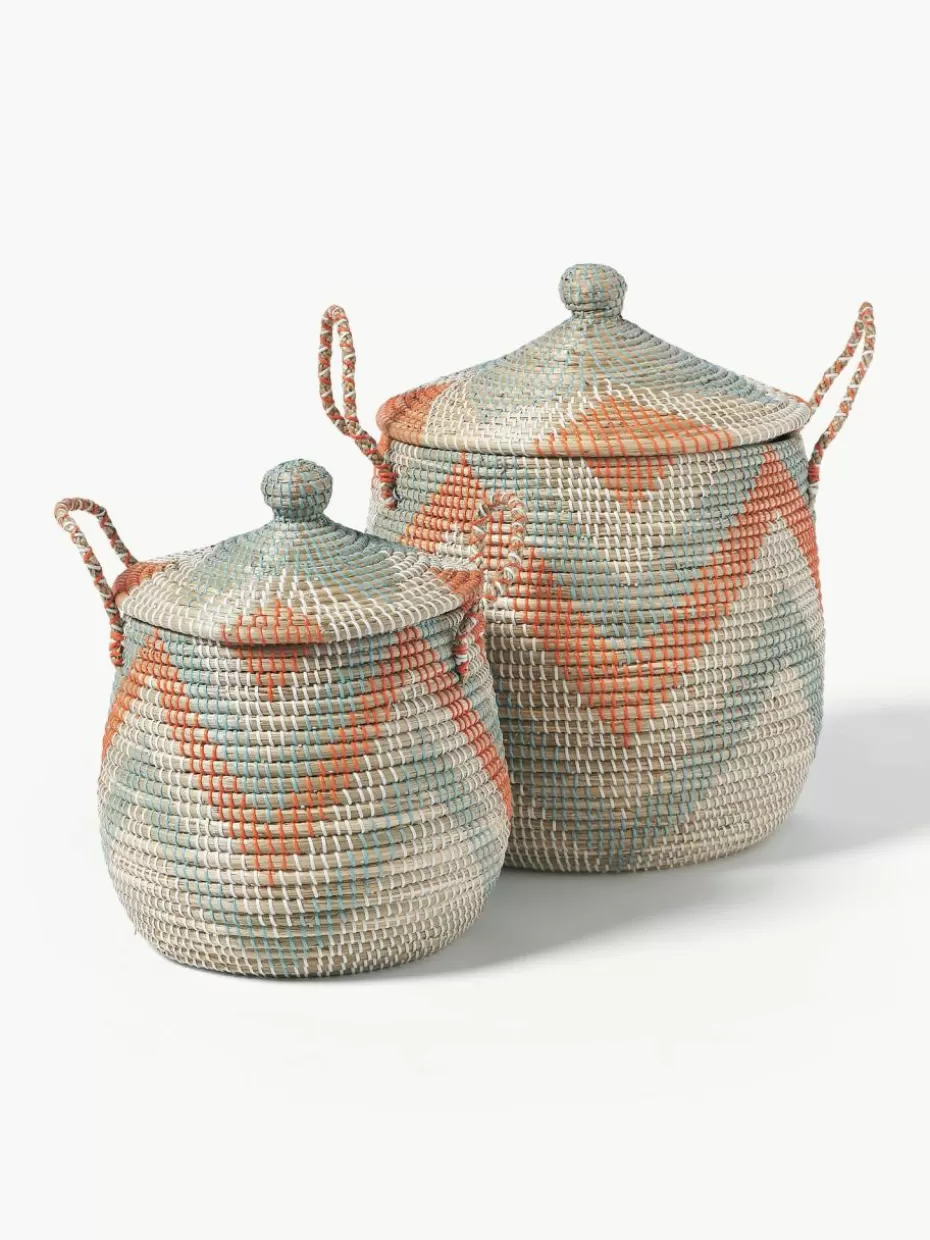 Körbe-Westwing Collection Aufbewahrungskörbe Mija mit Deckel, 2er-Set Orange, Salbeigrün, Beige