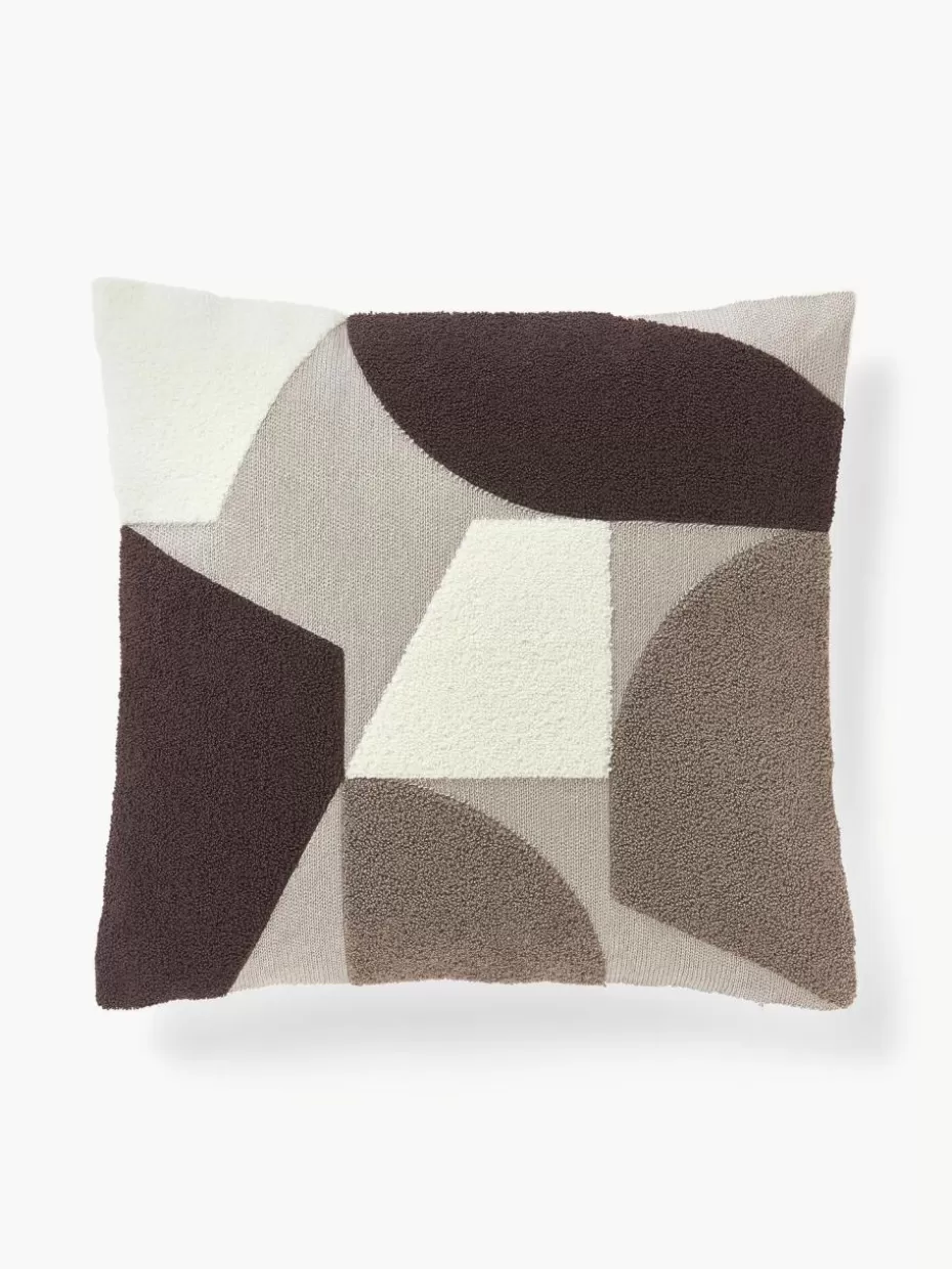 Dekokissen-Westwing Collection Baumwoll-Kissenhülle Nomi mit abstrakter Verzierung Dunkelbraun, Taupe, Off White