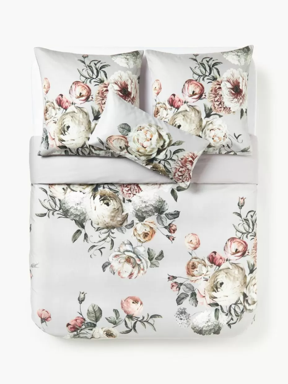 Bettwäsche-Westwing Collection Baumwollsatin-Bettdeckenbezug Blossom Hellgrau, Bunt