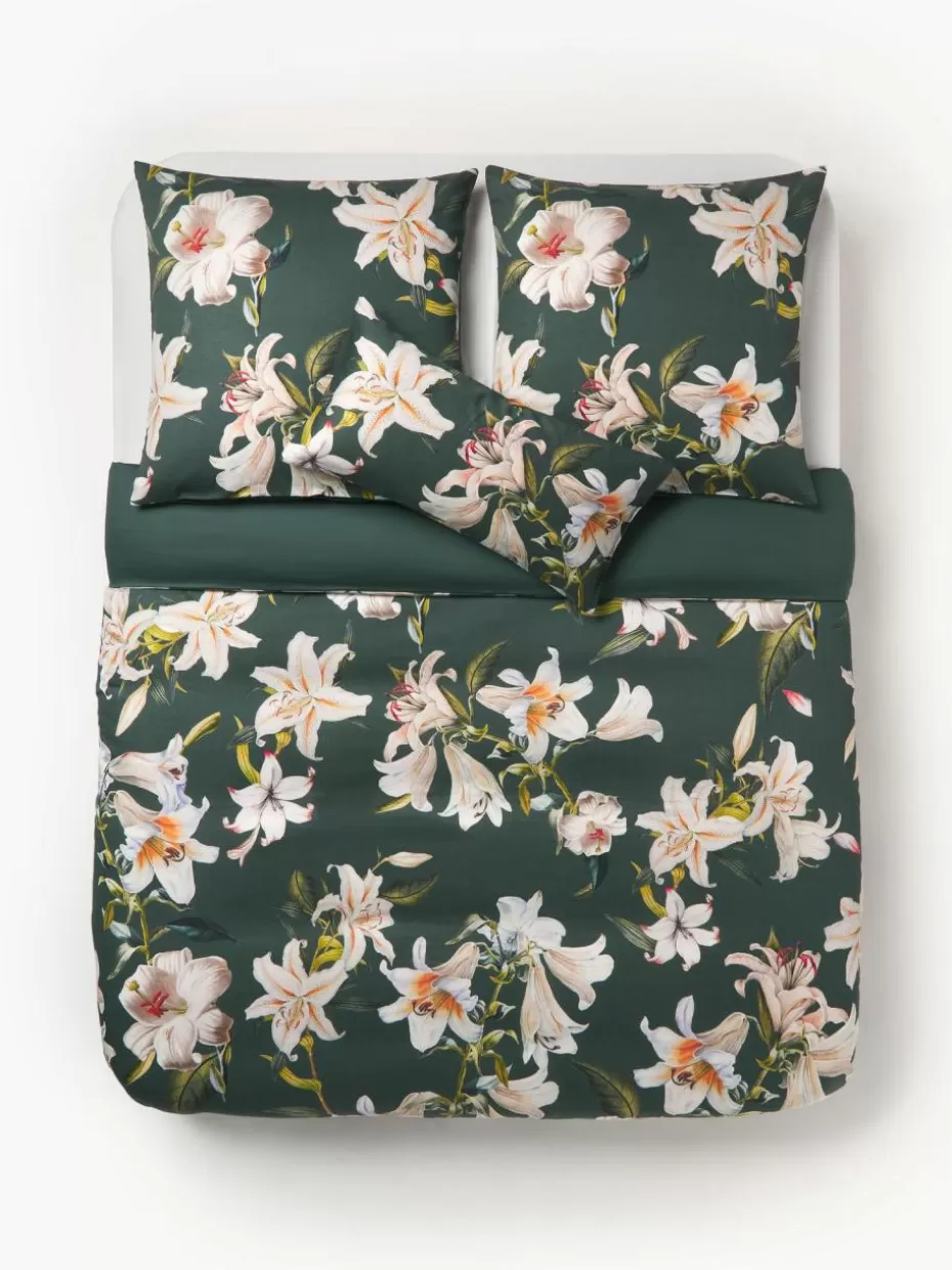Bettwäsche-Westwing Collection Baumwollsatin-Bettdeckenbezug Flori mit Blumen-Print Dunkelgrün, Mehrfarbig