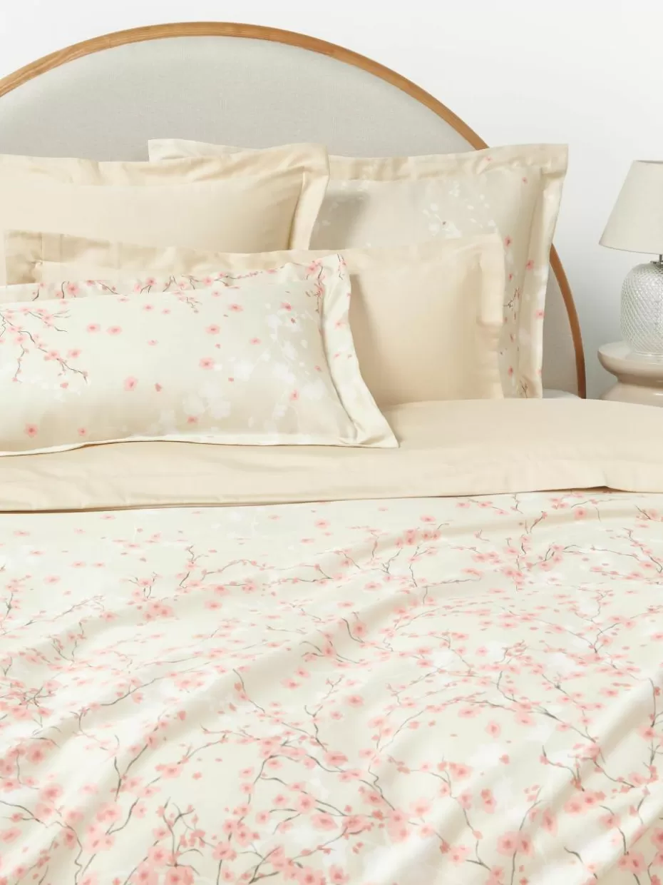 Bettwäsche-Westwing Collection Baumwollsatin-Bettdeckenbezug Sakura mit Blumen-Print Hellbeige, Hellrosa, Weiß