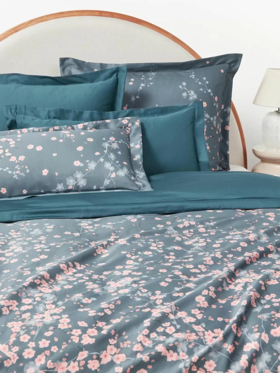 Bettwäsche-Westwing Collection Baumwollsatin-Bettdeckenbezug Sakura mit Blumen-Print Blau, Hellrosa, Weiß