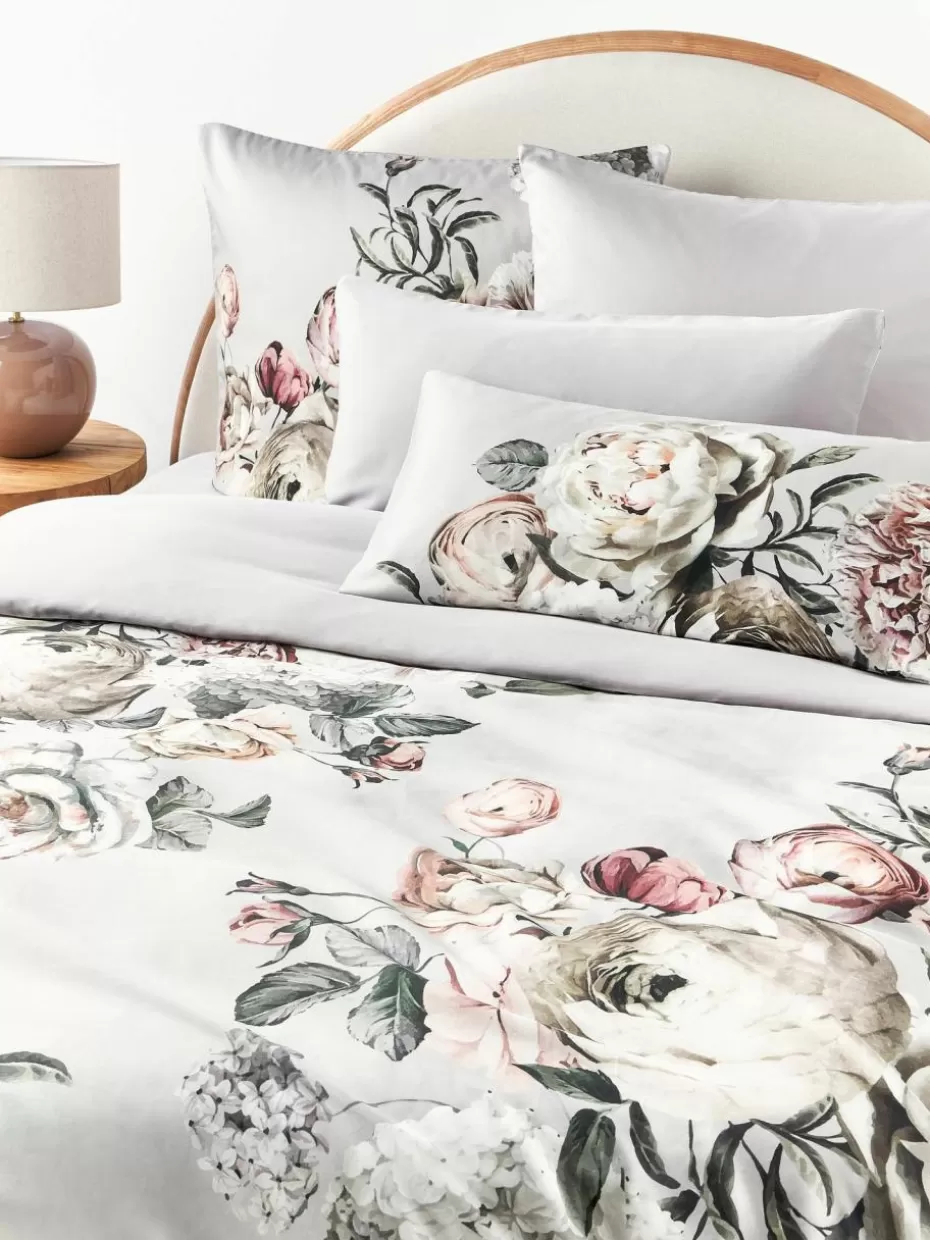 Kopfkissenbezüge-Westwing Collection Baumwollsatin-Kopfkissenbezug Blossom Hellgrau, Bunt