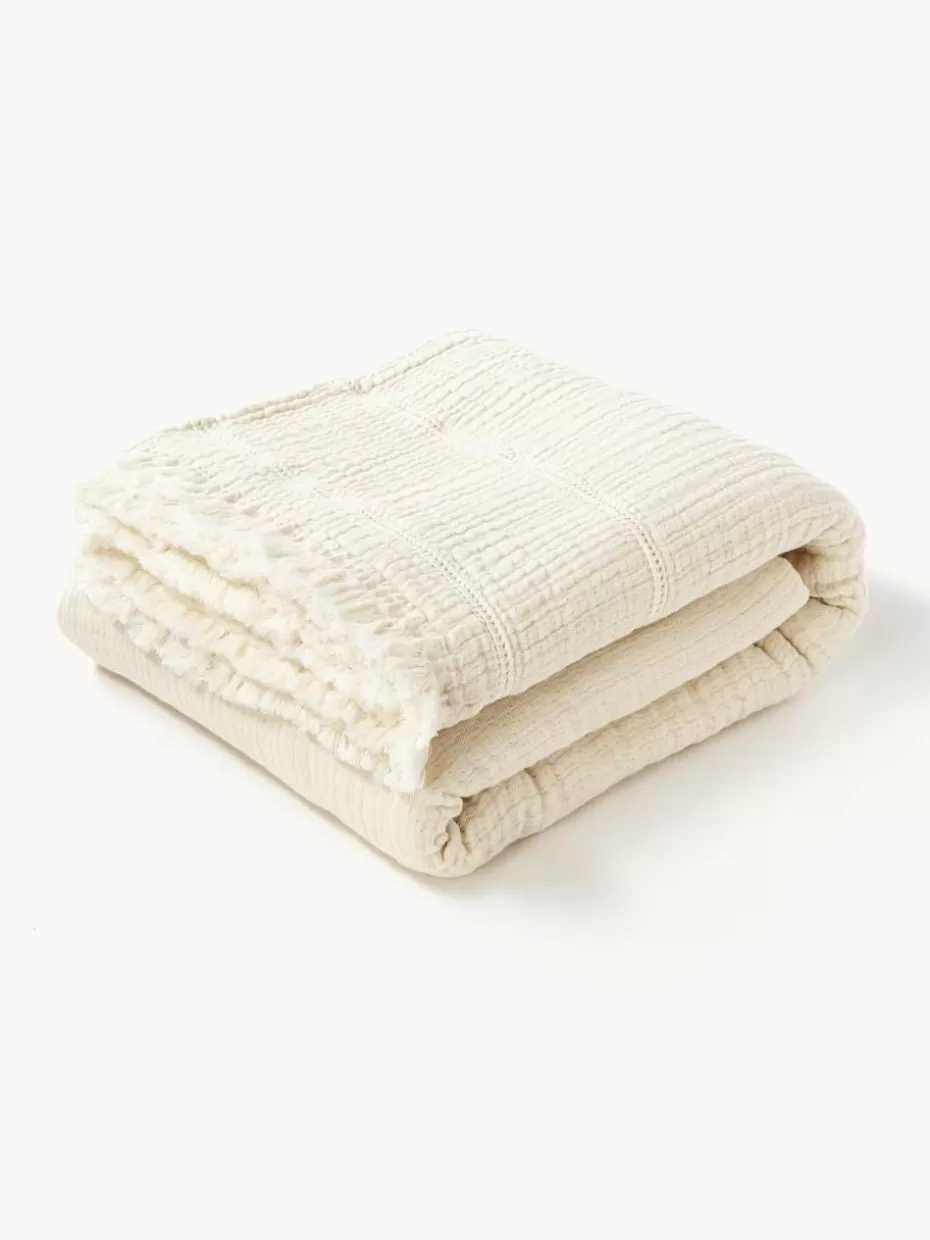 Tagesdecken & Bettüberwürfe-Westwing Collection Baumwoll-Tagesdecke Kailani mit Fransen Hellbeige