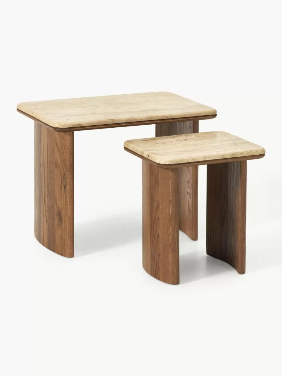 Beistelltische-Westwing Collection Beistelltische Chandler aus Eichenholz mit Travertinplatte, 2er-Set