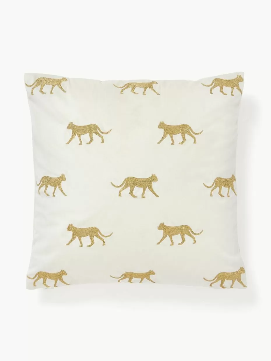 Dekokissen-Westwing Collection Bestickte Samt-Kissenhülle Cheetah Off White, Goldfarben