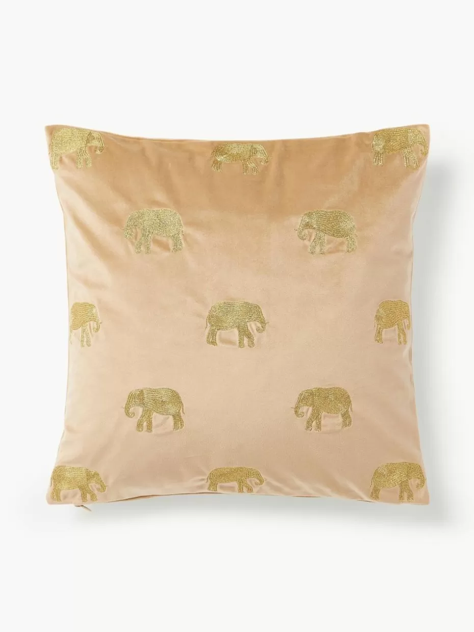Dekokissen-Westwing Collection Bestickte Samt-Kissenhülle Elefco Beige, Goldfarben