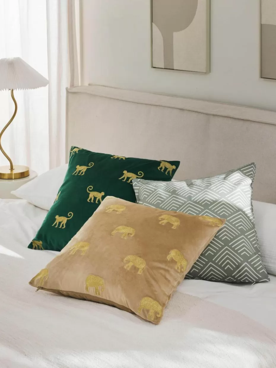 Dekokissen-Westwing Collection Bestickte Samt-Kissenhülle Elefco Beige, Goldfarben