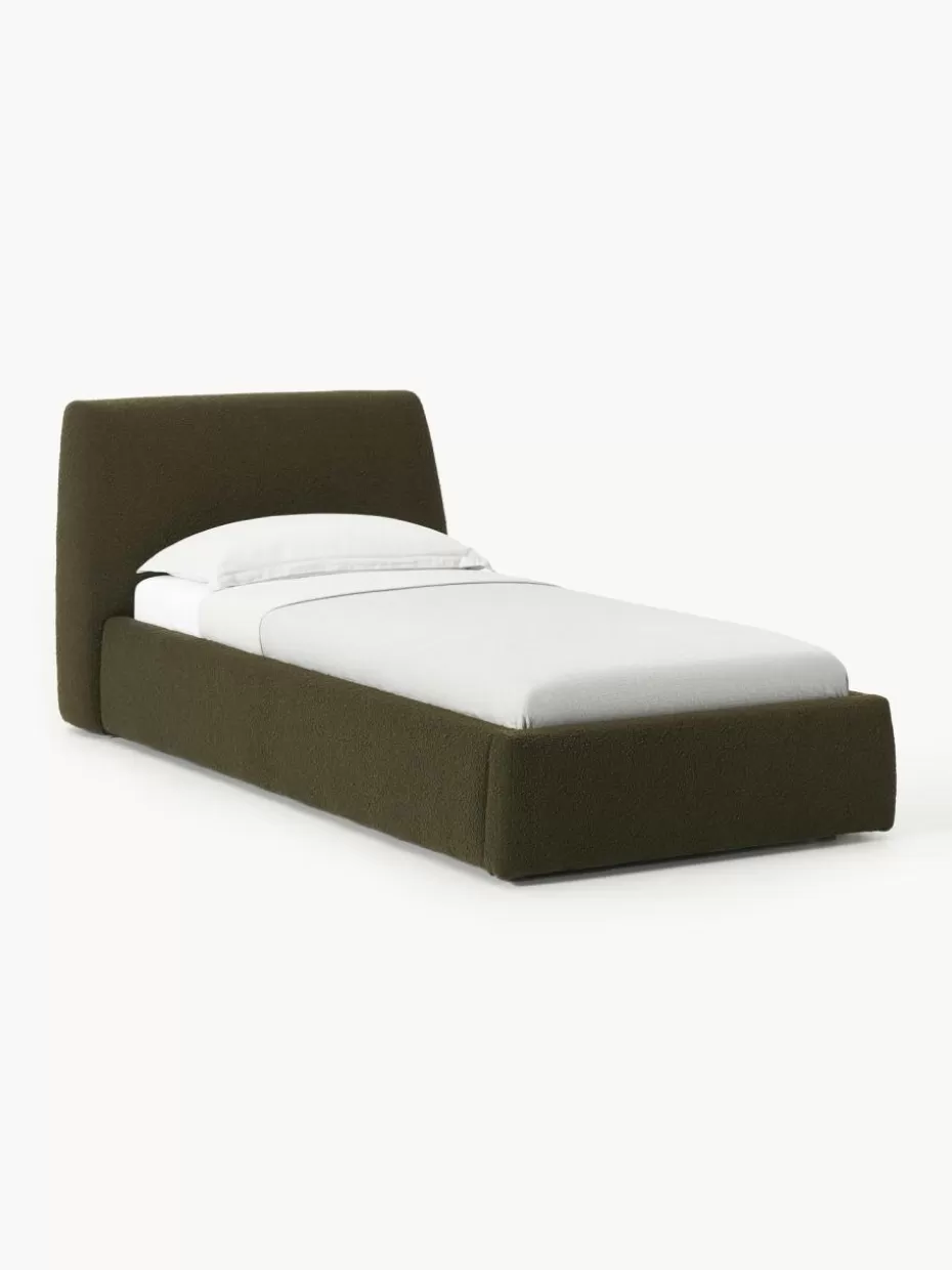 Betten-Westwing Collection Bouclé-Einzelbett Cloud mit Stauraum Bouclé Olivgrün