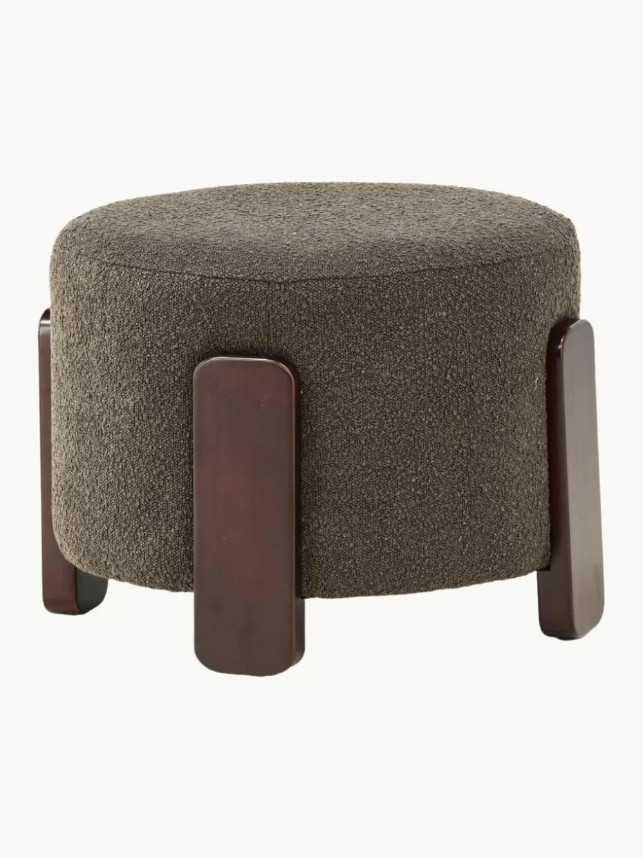 Hocker-Westwing Bouclé-Hocker Coffey mit Holz-Füßen Bouclé Olivgrün, Gummibaumholz dunkelbraun lackiert