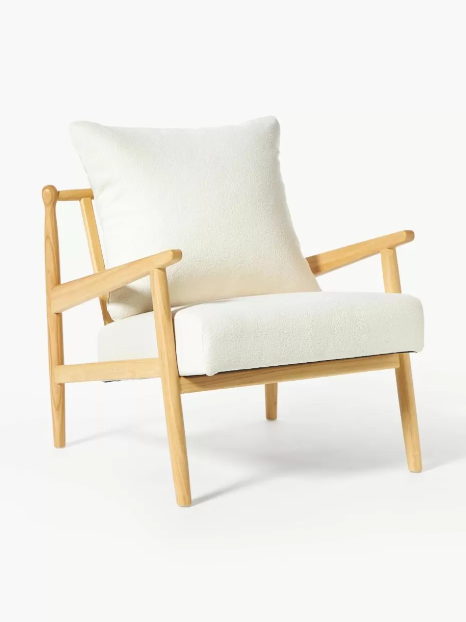 Sessel-Westwing Collection Bouclé-Loungesessel Mikkel Bouclé Off White, Gummibaumholz lackiert