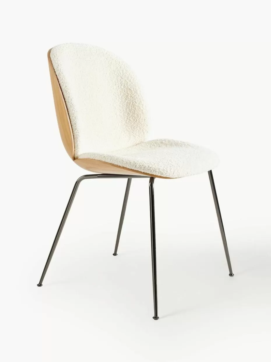 Stühle-GUBI Bouclé-Polsterstuhl Beetle mit Sitzschale Bouclé Weiß, Eichenholz, Schwarz glänzend