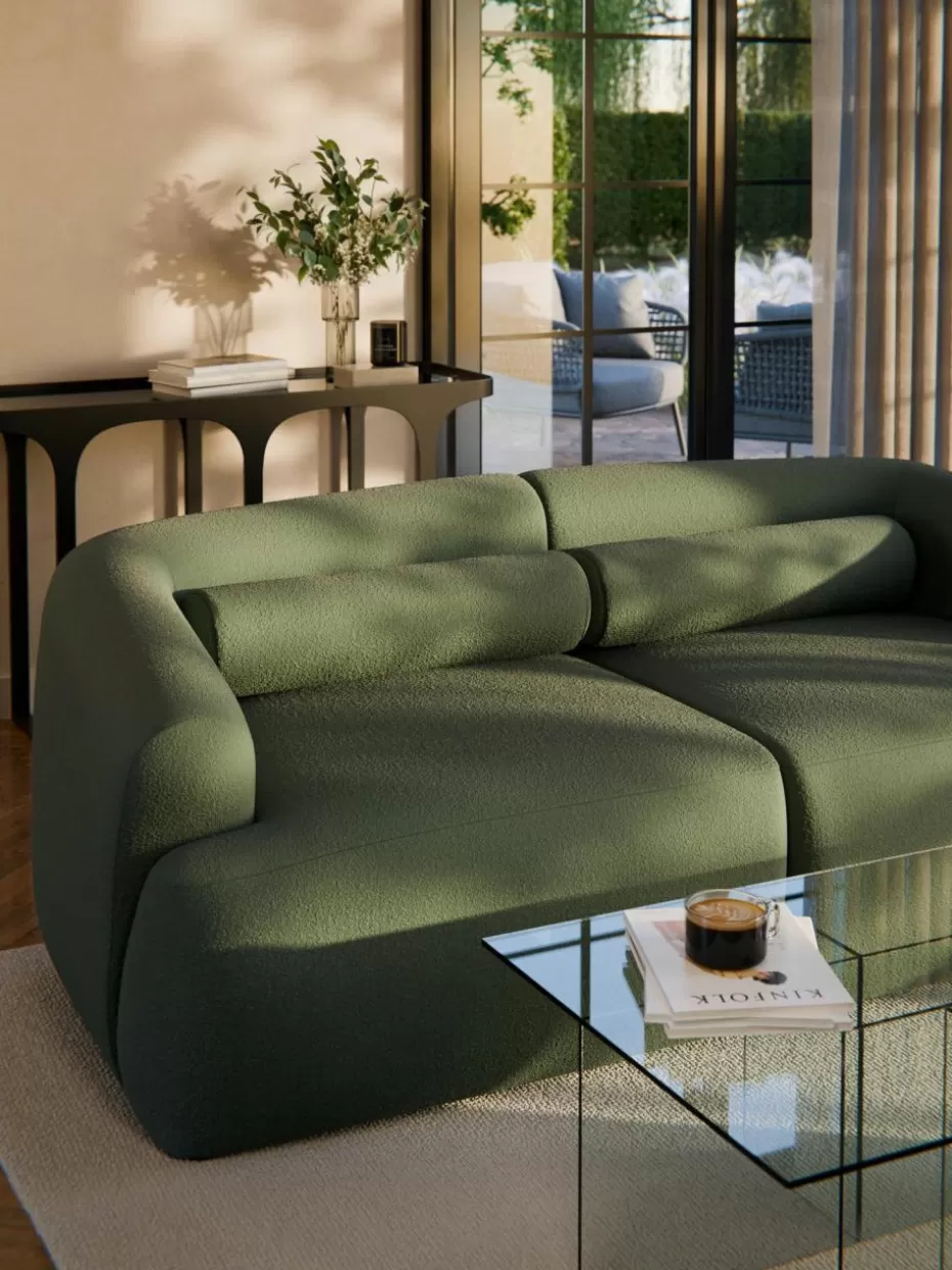 Sofakissen-Westwing Collection Bouclé-Sofa-Nackenrolle Sofia Bouclé Dunkelgrün