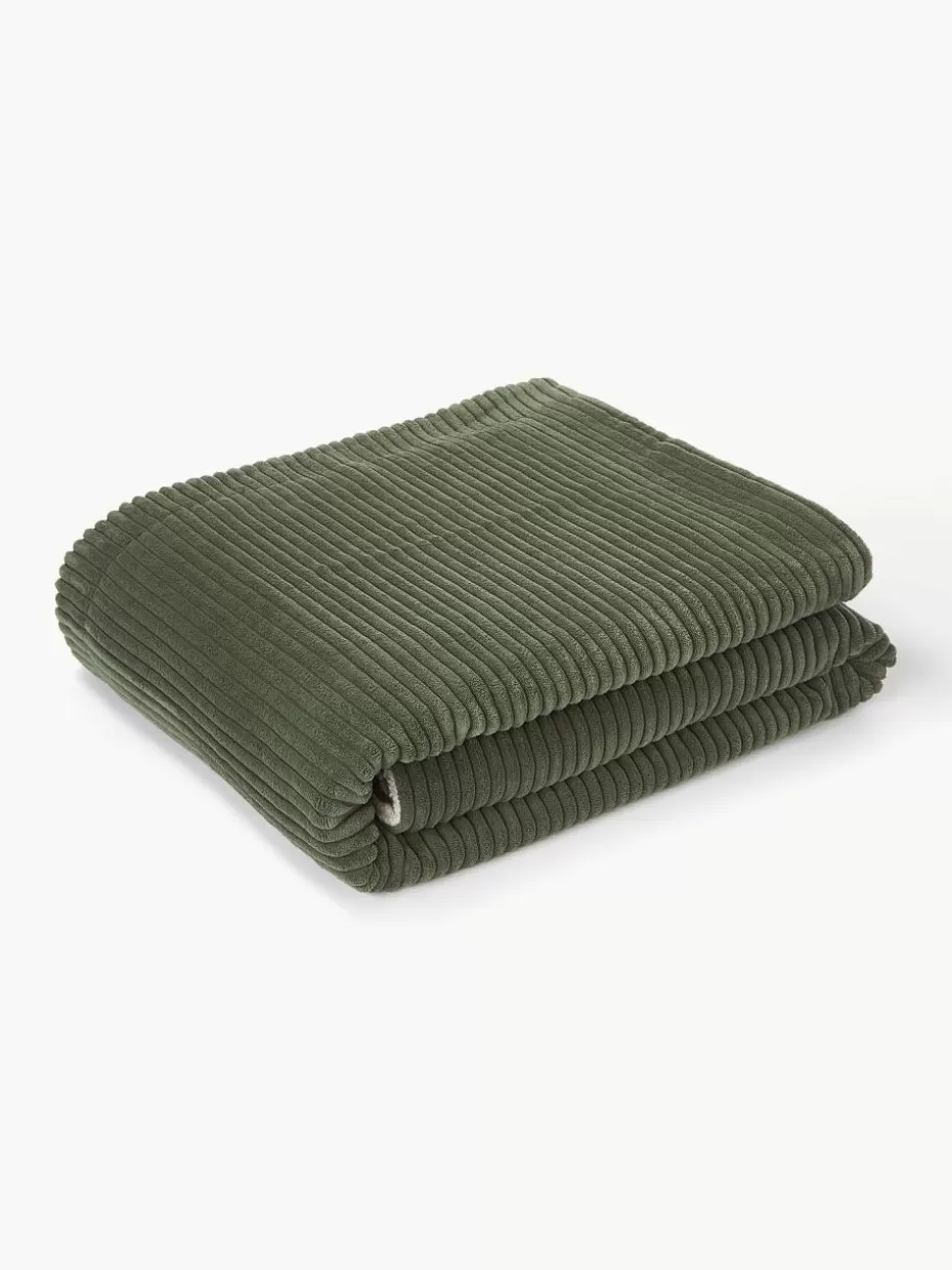 Decken & Plaids-Westwing Collection Decke Kylen aus Cord Olivgrün, Cremeweiß
