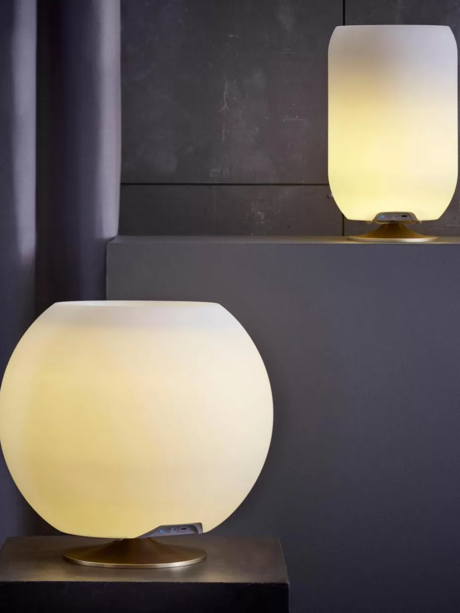 Outdoor Tischlampen | Led-Tischleuchten-Westwing Dimmbare LED-Tischlampe Atmos mit Bluetooth-Lautsprecher und Flaschenkühler Weiß, Goldfarben