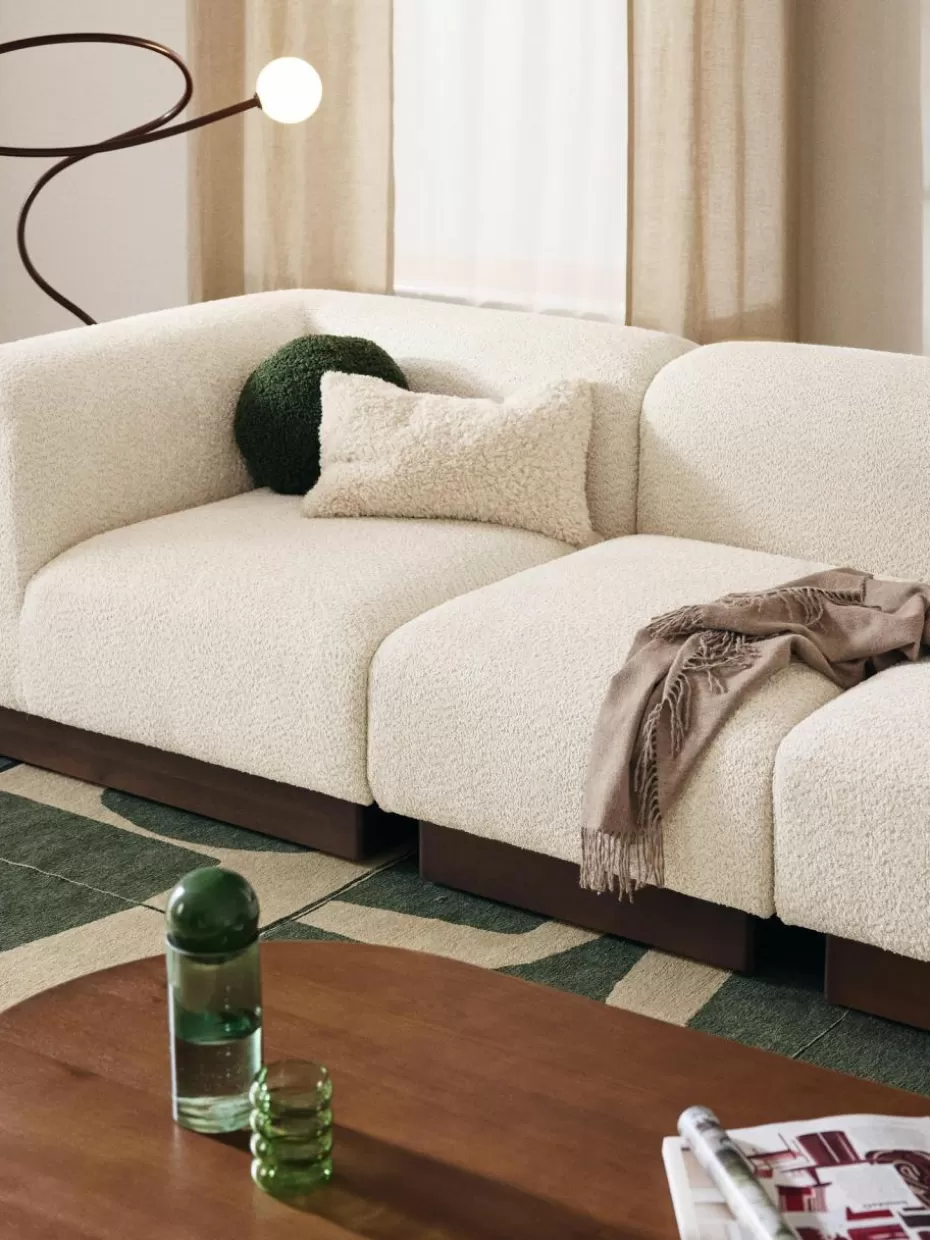 Sofas-Westwing Collection Eckmodul Natalie aus Teddy-Bouclé Teddy-Bouclé Off White, dunkles Buchenholz
