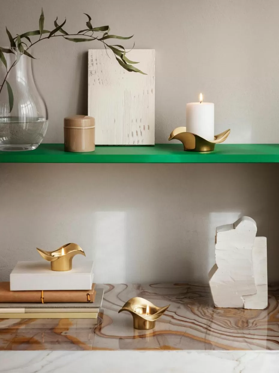 Weihnachtskerzen & Kerzenhalter | Festliche Eleganz-Georg Jensen Edelstahl-Teelichthalter Cobra in organischer Form, 2 Stück Goldfarben, hochglanzpoliert