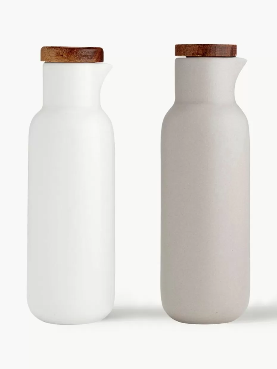 Essig- & Ölflaschen-Ladelle Essig- und Öl-Spender Essentials aus Porzellan und Akazienholz, 2er-Set Weiß, Hellbeige, matt