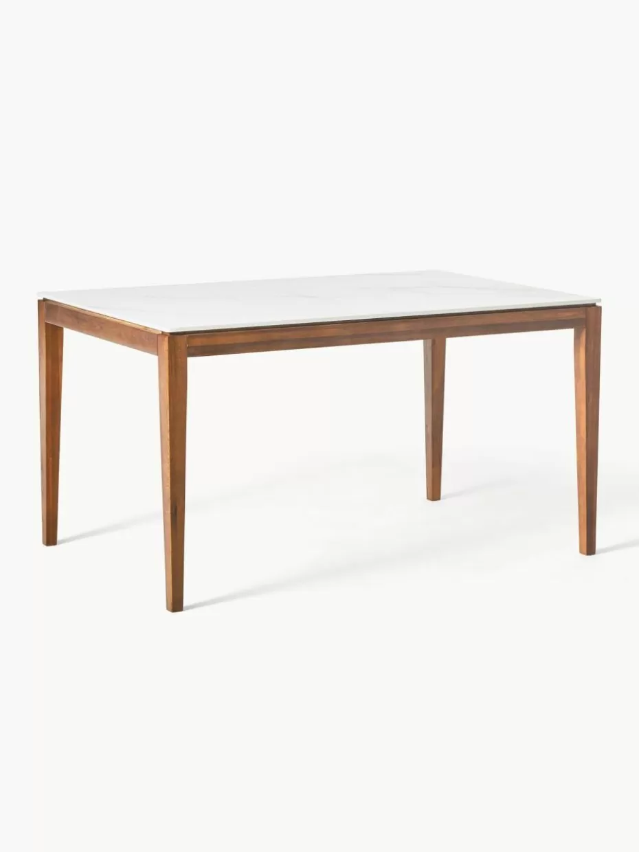 Esstische-Westwing Collection Esstisch Jackson mit Tischplatte in Marmor-Optik, in verschiedenen Größen Marmor-Optik Weiß, Eichenholz braun lackiert