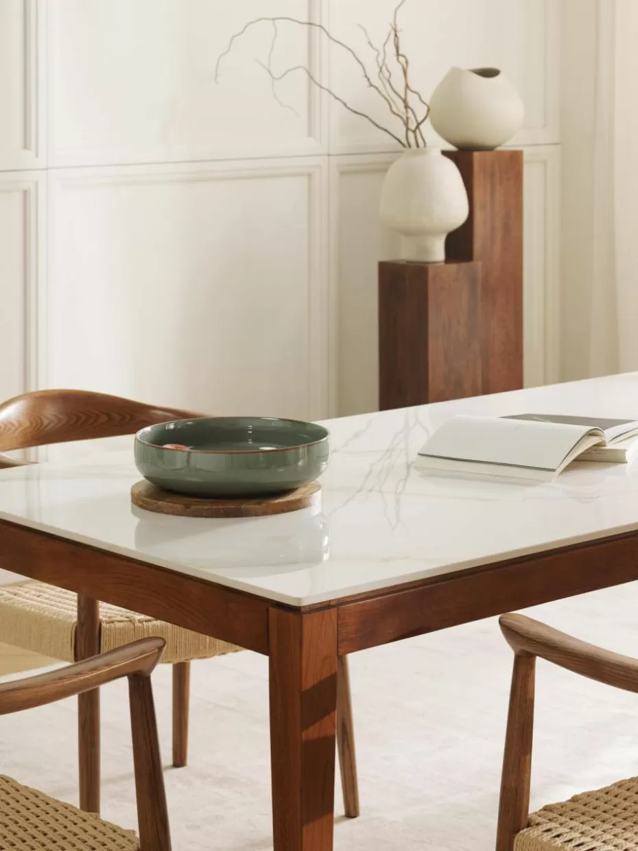 Esstische-Westwing Collection Esstisch Jackson mit Tischplatte in Marmor-Optik, in verschiedenen Größen Marmor-Optik Weiß, Eichenholz braun lackiert