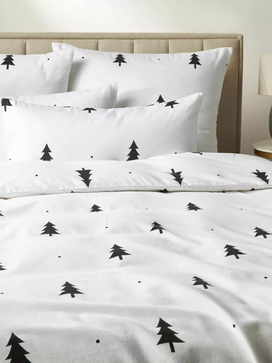 Kopfkissenbezüge-Westwing Collection Flanell-Kopfkissenbezug X-mas Tree mit weihnachtlichem Motiv Weiß, Schwarz