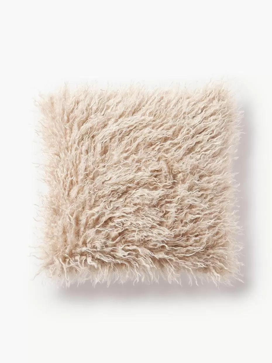 Weihnachtskissen | Dekokissen-Westwing Collection Flauschige Kunstfell-Kissenhülle Morten, gelockt Beige