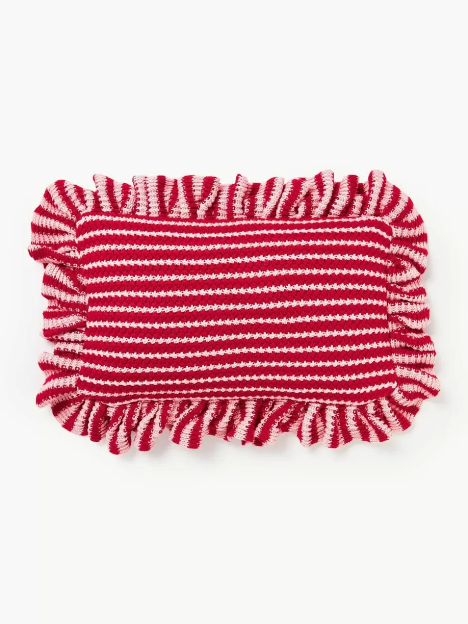 Dekokissen-Westwing Collection Gestreifte Strick-Kissenhülle Blaise mit Rüschen Rot, Hellrosa