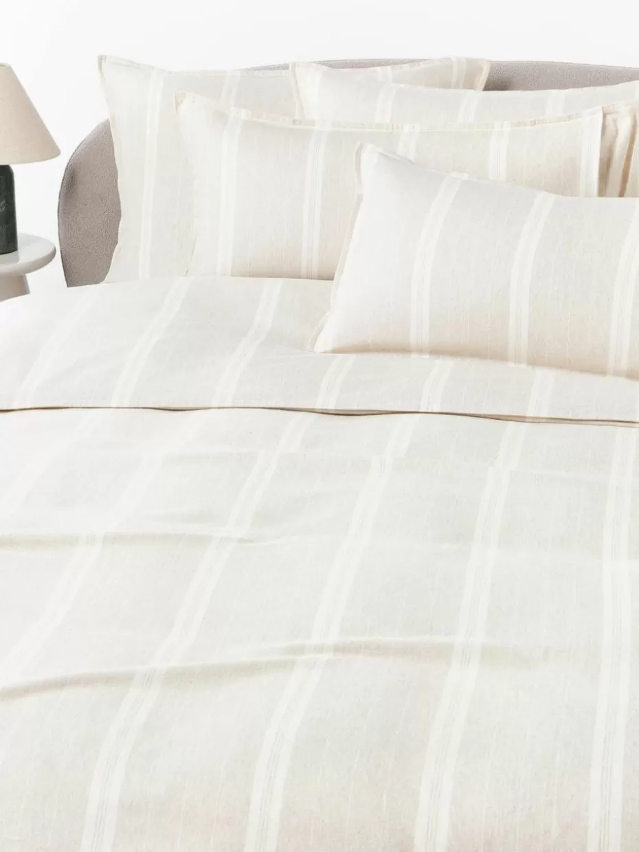 Bettwäsche-Westwing Collection Gestreifter Flanell-Bettdeckenbezug Belinda Hellbeige, Off White