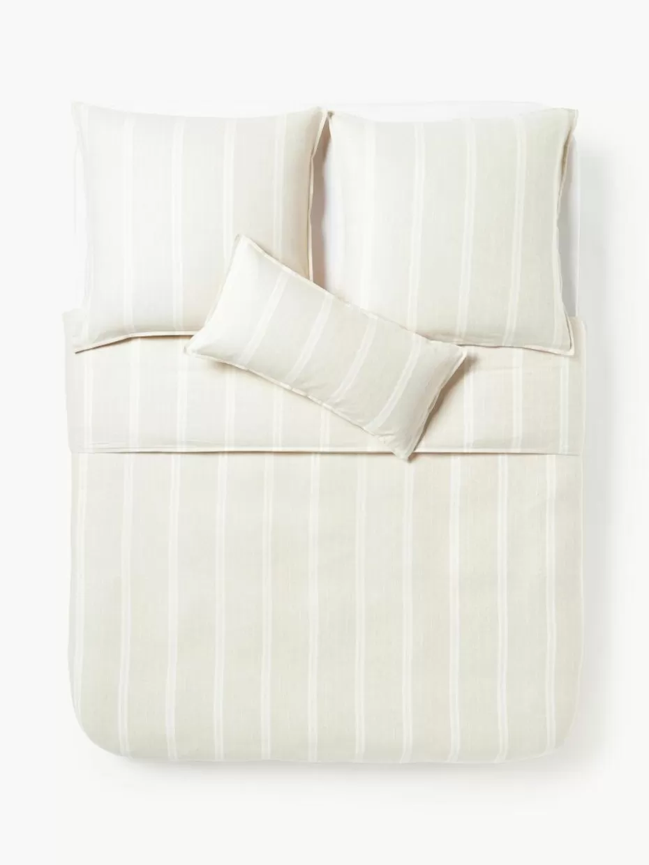 Bettwäsche-Westwing Collection Gestreifter Flanell-Bettdeckenbezug Belinda Hellbeige, Off White