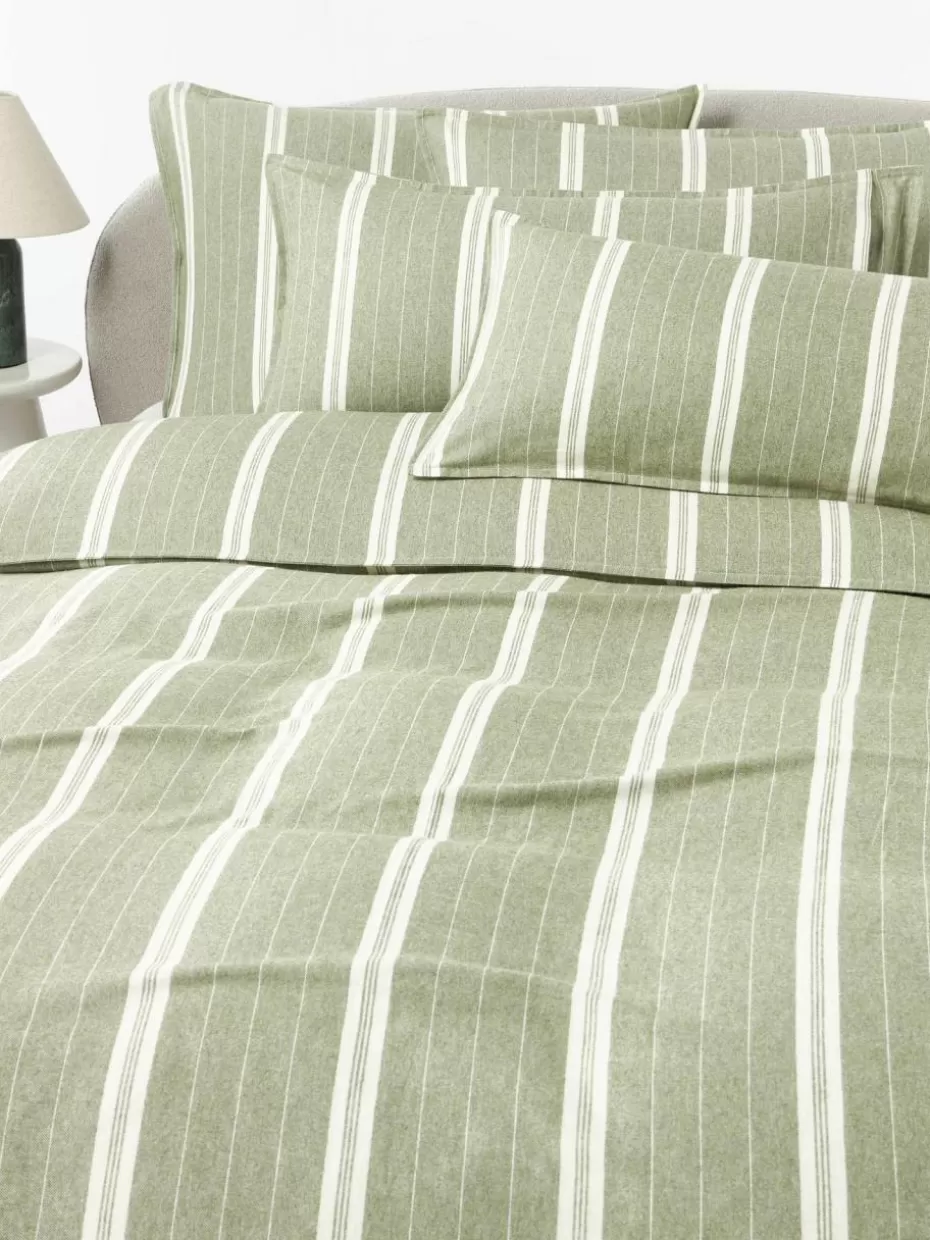 Kopfkissenbezüge-Westwing Collection Gestreifter Flanell-Kopfkissenbezug Belinda Olivgrün, Off White