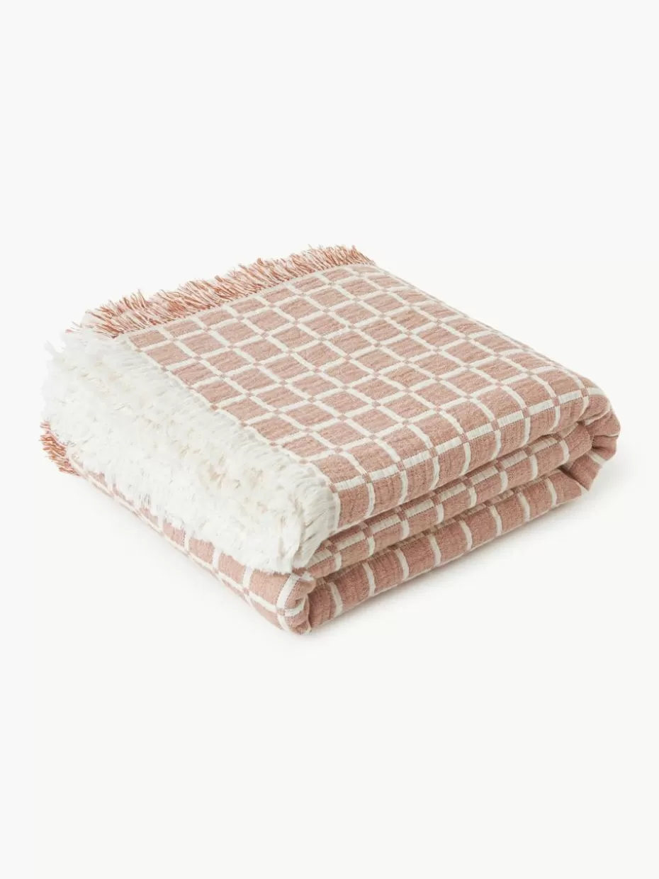 Tagesdecken & Bettüberwürfe-Westwing Collection Gewaschene Musselin-Tagesdecke Ronia mit Fransen Terrakotta, Off White