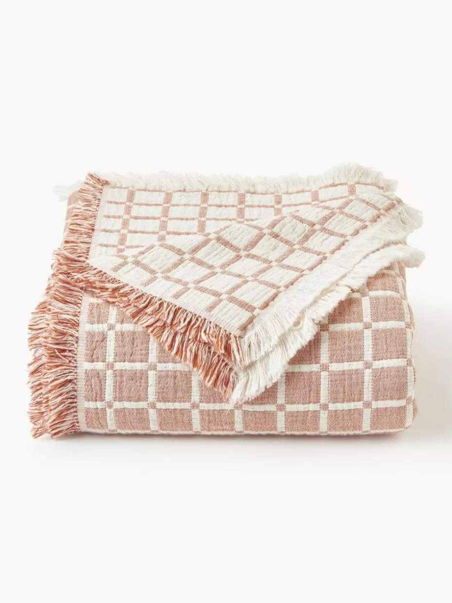 Tagesdecken & Bettüberwürfe-Westwing Collection Gewaschene Musselin-Tagesdecke Ronia mit Fransen Terrakotta, Off White