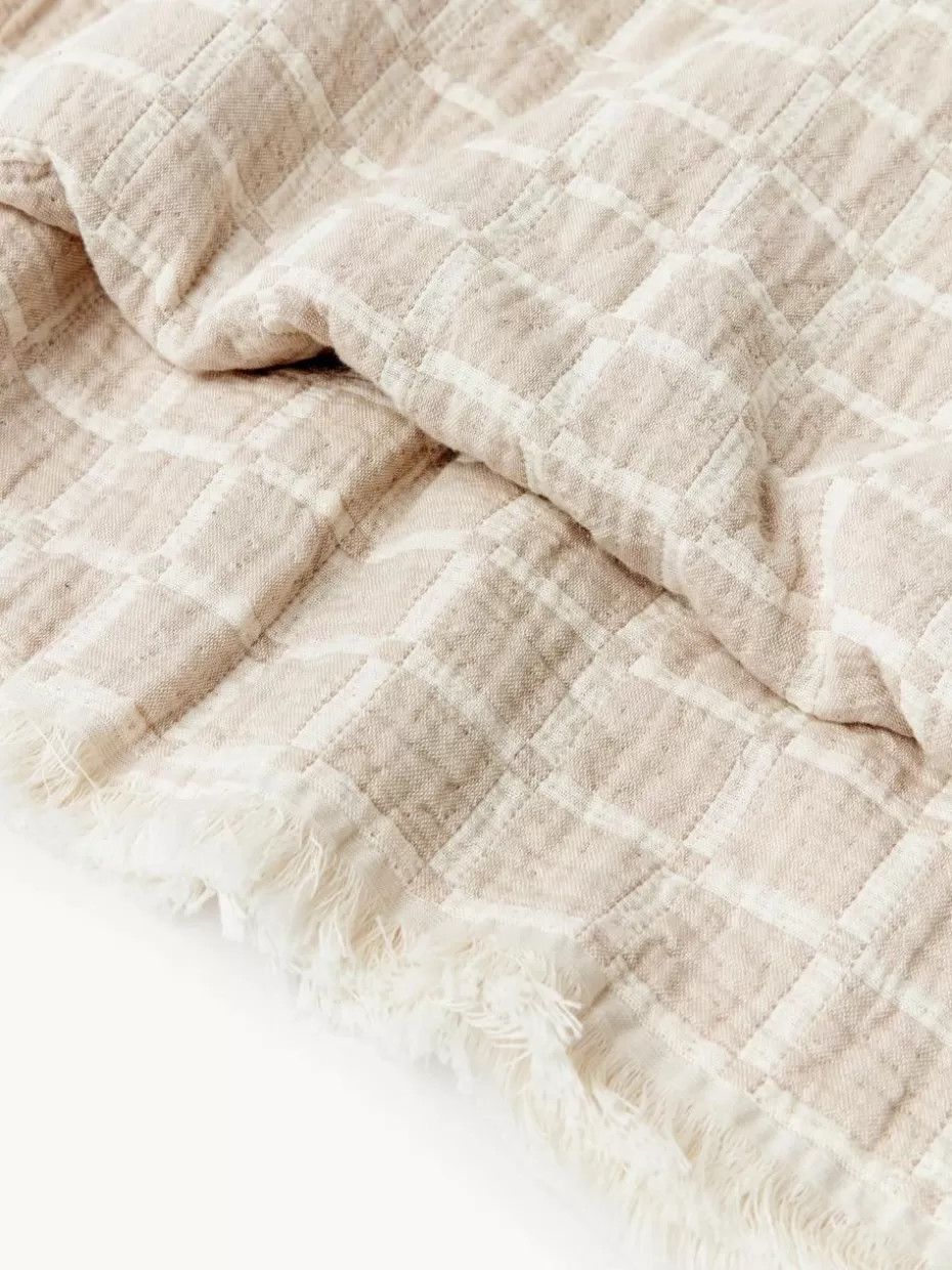 Tagesdecken & Bettüberwürfe-Westwing Collection Gewaschene Musselin-Tagesdecke Ronia mit Fransen Hellbeige, Off White