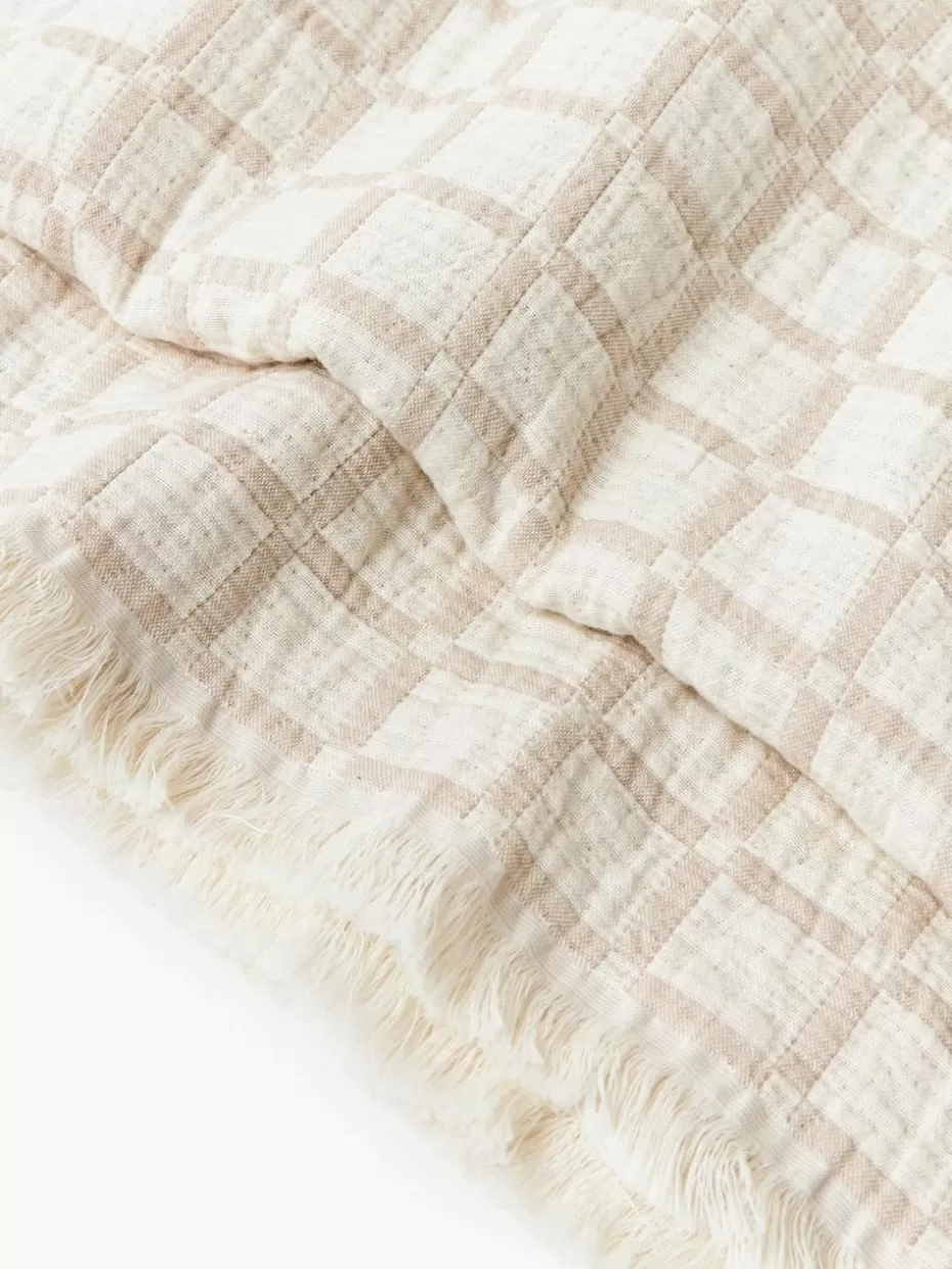 Tagesdecken & Bettüberwürfe-Westwing Collection Gewaschene Musselin-Tagesdecke Ronia mit Fransen Hellbeige, Off White
