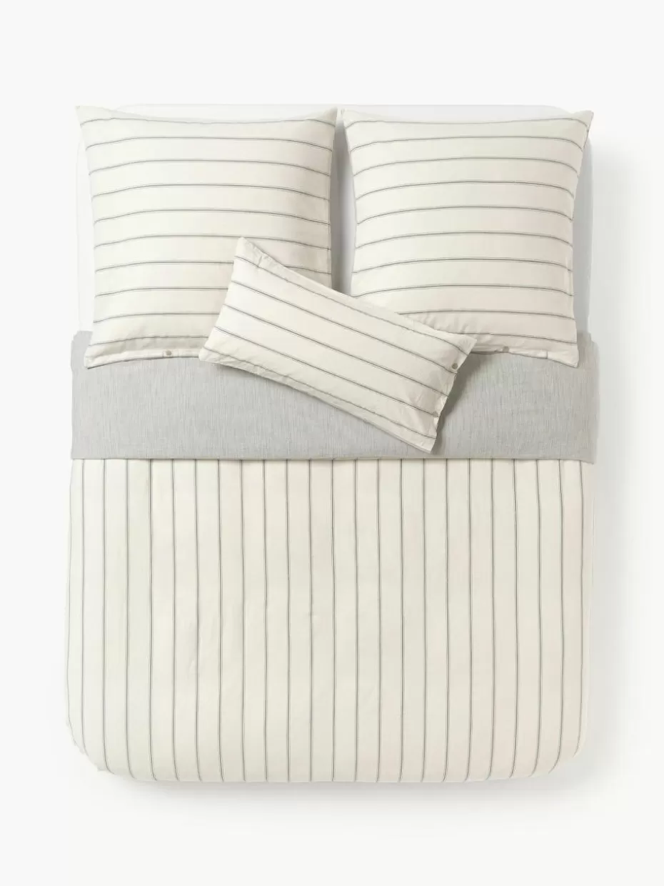 Bettwäsche-Westwing Collection Gewaschener Baumwoll-Bettdeckenbezug Caspian mit Streifen Greige, Off White