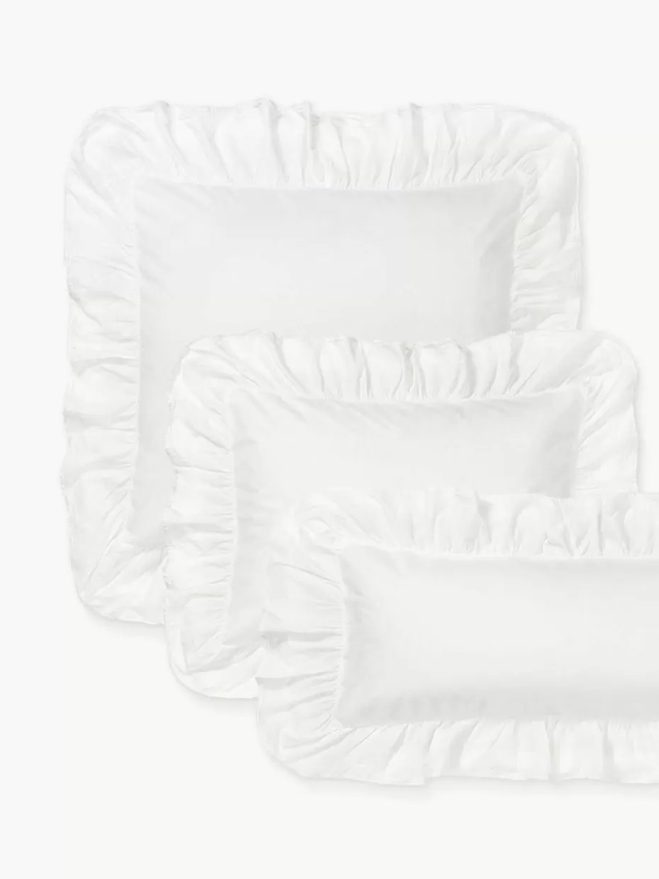 Kopfkissenbezüge-Westwing Collection Gewaschener Baumwollperkal-Kopfkissenbezug Louane mit Rüschen Weiß