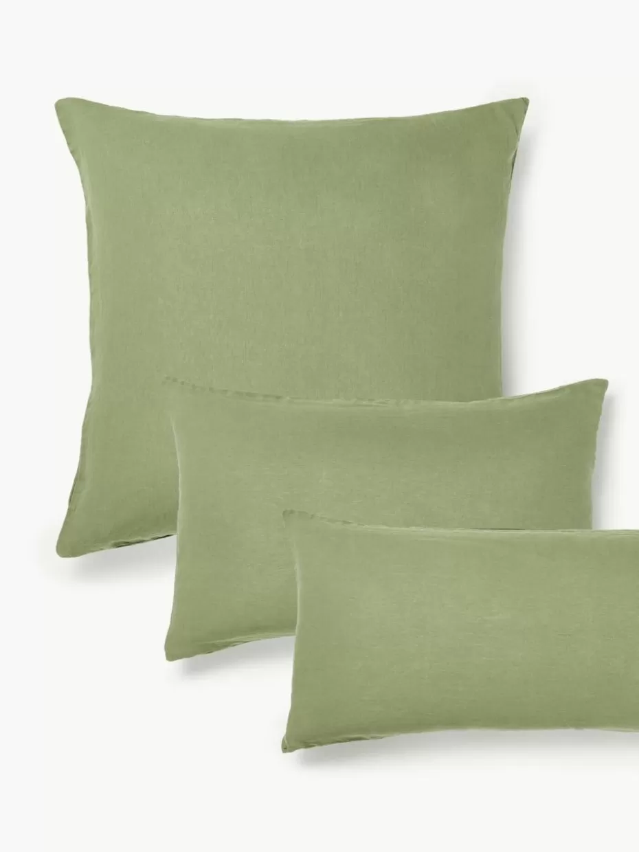 Kopfkissenbezüge-Westwing Collection Gewaschener Leinen-Kopfkissenbezug Airy Olivgrün