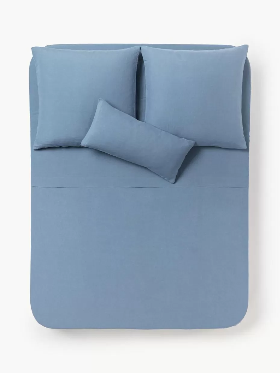 Betttücher-Westwing Collection Gewaschenes Leinen-Betttuch Airy Blau