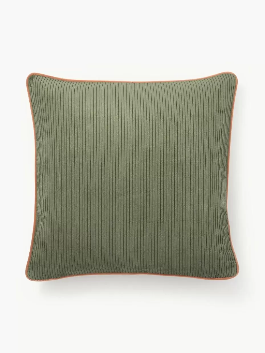 Dekokissen-Westwing Collection Gewebte Samt-Kissenhüllen Carter mit strukturierter Oberfläche, 2 Stück Olivgrün, Orange