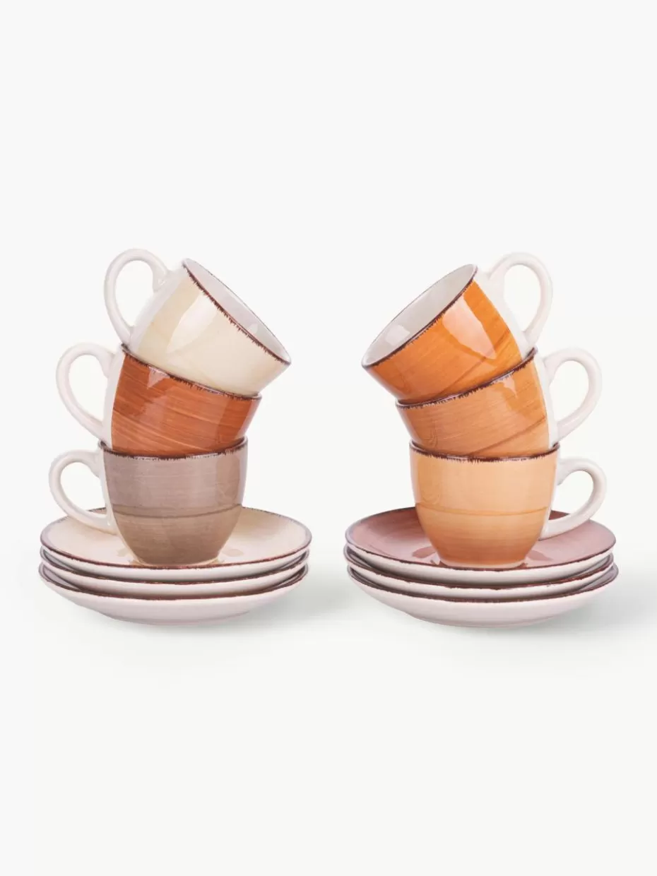 Tassen-Villa D'Este Home Tivoli Handbemalte Espressotassen Baita mit Untertassen, 6er-Set Braun- und Beigetöne