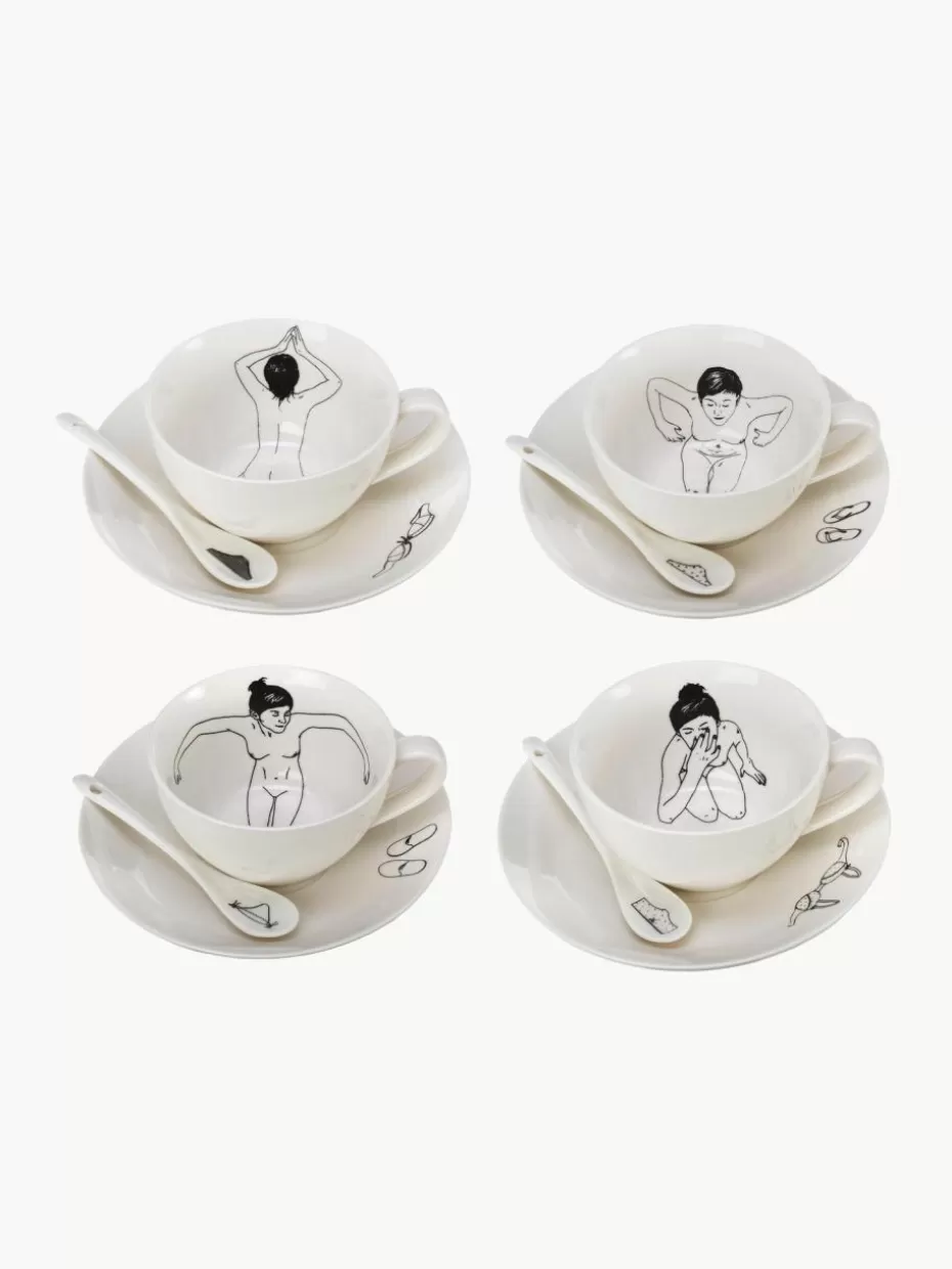 Tassen-Pols Potten Handbemalte Kaffeetassen Undressed mit Untertassen und Löffeln, 4er-Set