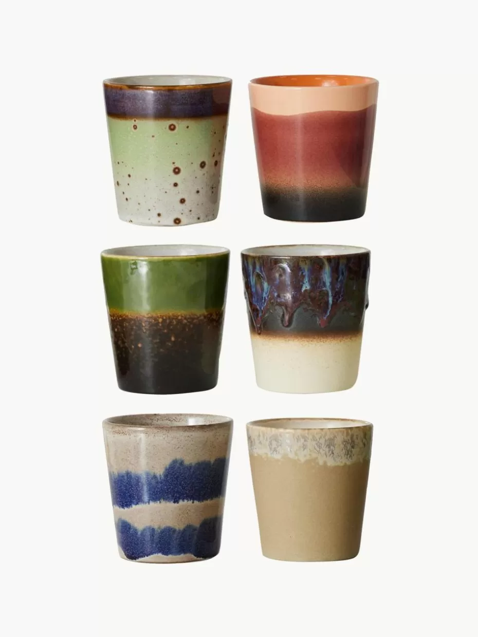 Geschirrserien-HKLIVING Handbemalte Keramik-Becher 70's mit reaktiver Glasur, 6er-Set Design 1