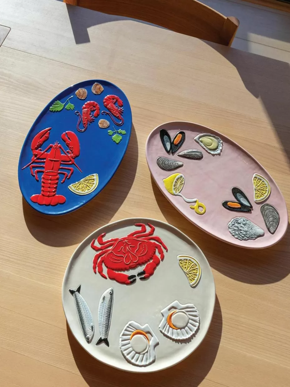 Servierplatten & Schüsseln-&k amsterdam Handbemalte Servierplatte De La Mer aus Dolomit Dunkelblau, Rot, Grün, Gelb