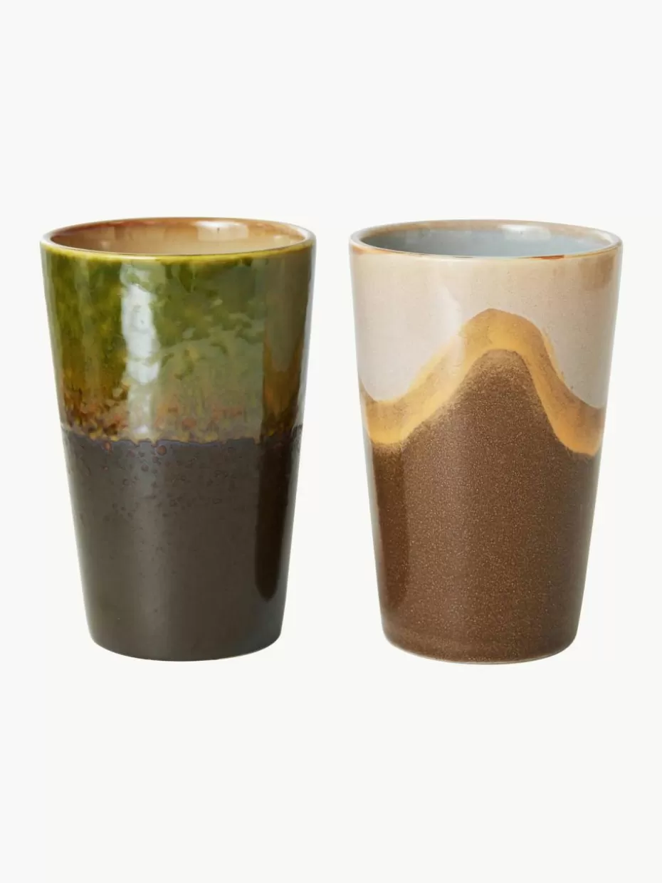 Tassen | Geschirrserien-HKLIVING Handbemalte XL Keramik-Becher 70's, 2-er Set Braun, Beige, Olivgrün