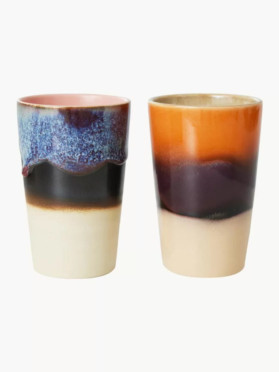 Tassen | Geschirrserien-HKLIVING Handbemalte XL Keramik-Becher 70's, 2-er Set Anthrazit, Off White, Blau, Orange
