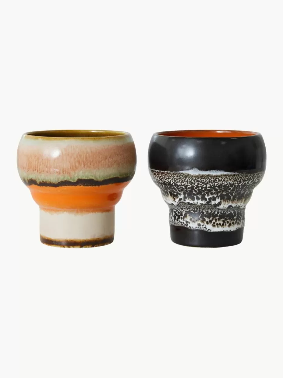 Tassen-HKLIVING Handgefertigte Becher 70's aus Steinzeug, 2er-Set Weiß, Schwarz, Hellbraun, Orange