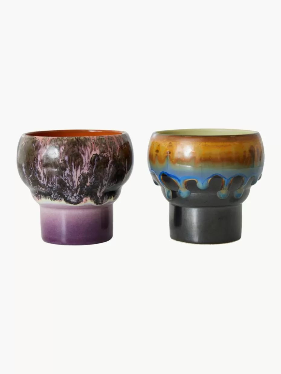 Tassen-HKLIVING Handgefertigte Becher 70's aus Steinzeug, 2er-Set Lila, Schwarz, Hellbraun, Blau