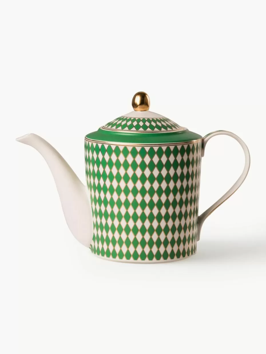 Kannen & Karaffen-Pols Potten Handgefertigte Porzellan-Teekanne Chess, 1.1 L Grün, Off White, Goldfarben